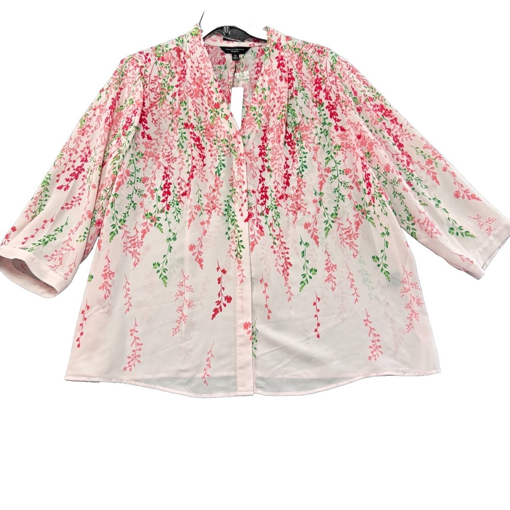 Investments Caroline Woman's 2X Pink Floral Wisteria V-Neck 3/4 Sleeve Blouse